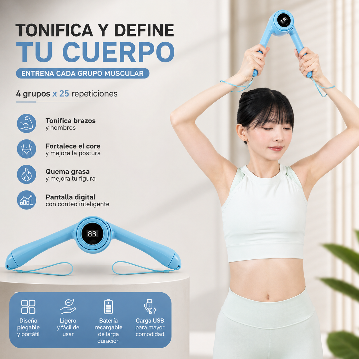 💪 Entrenador de Brazos y Pecho Inteligente con Contador Digital