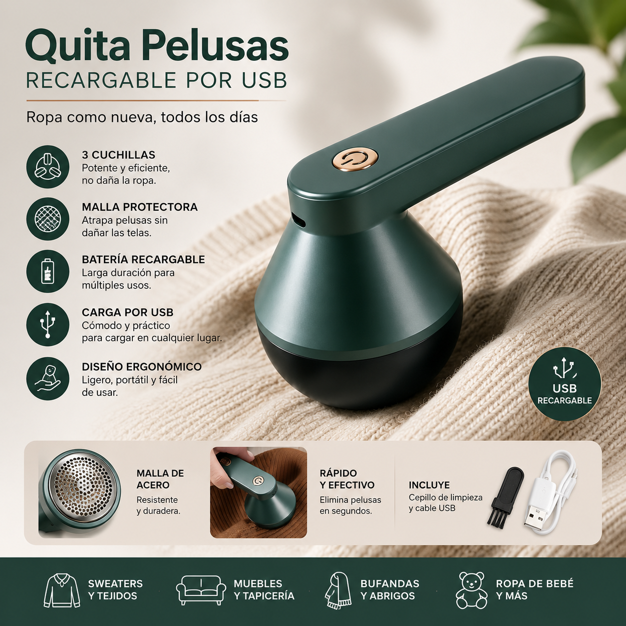 ✨ Quitapelusas Eléctrico Recargable USB